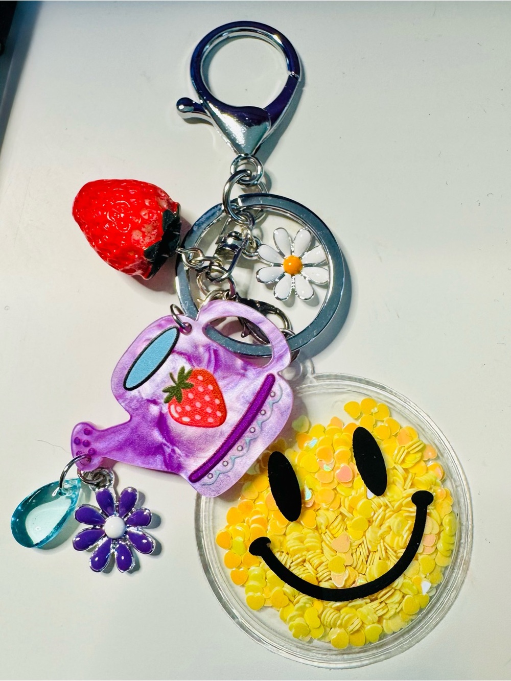 Purple Strawberry Watering Can Keychain for Kids with Smiley and Daisy Charms